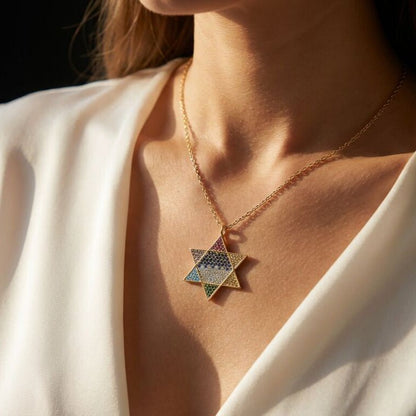 Jewish Star of David Rainbow CZ Necklace in 14k Yellow Gold Plated Sterling Silver 925, sparkling faith you will wear every day