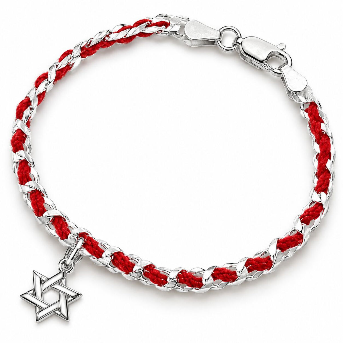 Sterling silver charm bracelet featuring a red string of fate, adorned with a Star of David symbolizing Jewish protection.