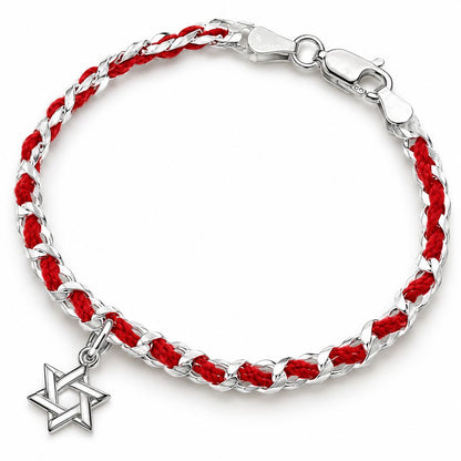 Sterling silver charm bracelet featuring a red string of fate, adorned with a Star of David symbolizing Jewish protection.