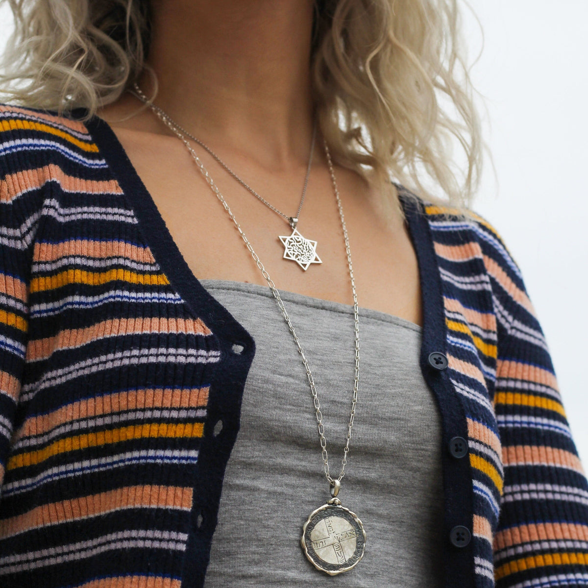 Star of David charm necklace in high-polish sterling silver with Shema Israel engraving