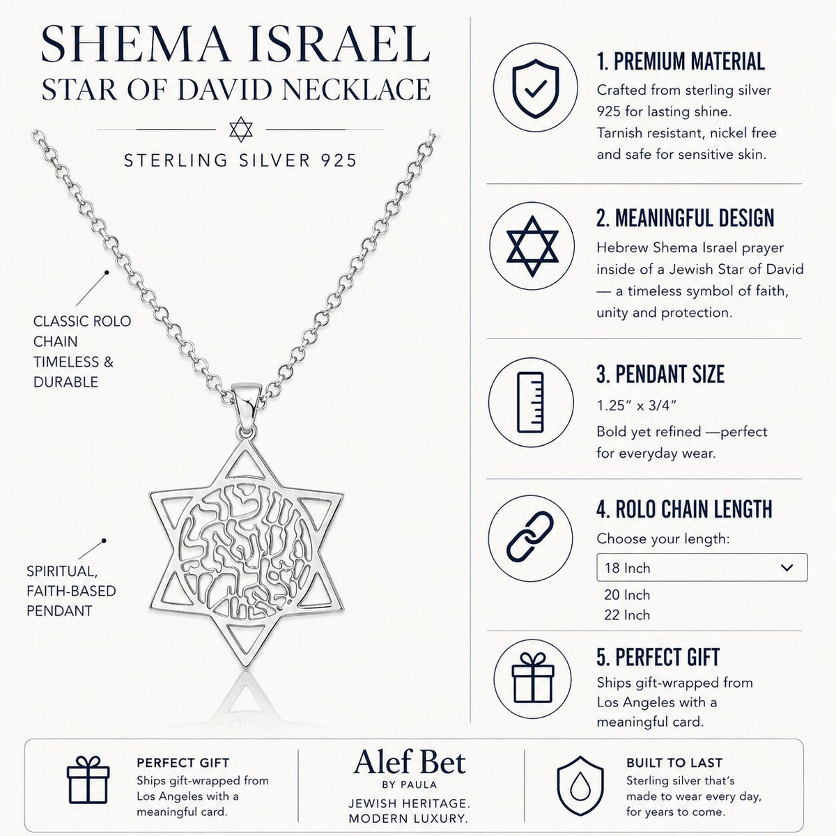 Jewish Star of David Shema Israel Necklace in Sterling Silver 925, the most sacred prayer inside the most recognized symbol of faith