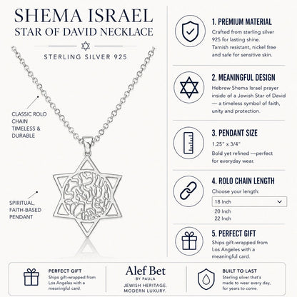 Jewish Star of David Shema Israel Necklace in Sterling Silver 925, the most sacred prayer inside the most recognized symbol of faith