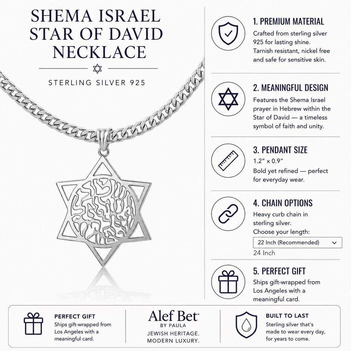 Jewish Star of David Shema Prayer Necklace in Sterling Silver 925 on Heavy Curb Chain, wear your faith with real weight