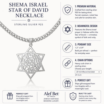 Jewish Star of David Shema Prayer Necklace in Sterling Silver 925 on Heavy Curb Chain, wear your faith with real weight