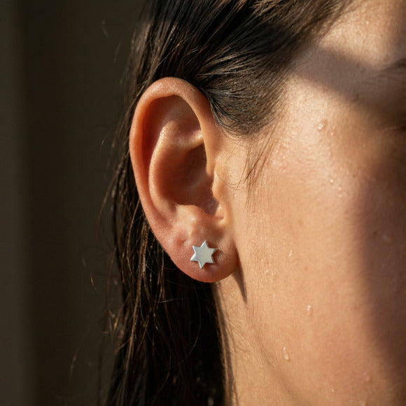 Star of David silver stud earrings with satin finish detailing by Alef Bet