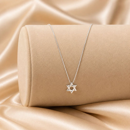 Lineal Star of David necklace in polished sterling silver with contemporary angular detailing by Alef Bet