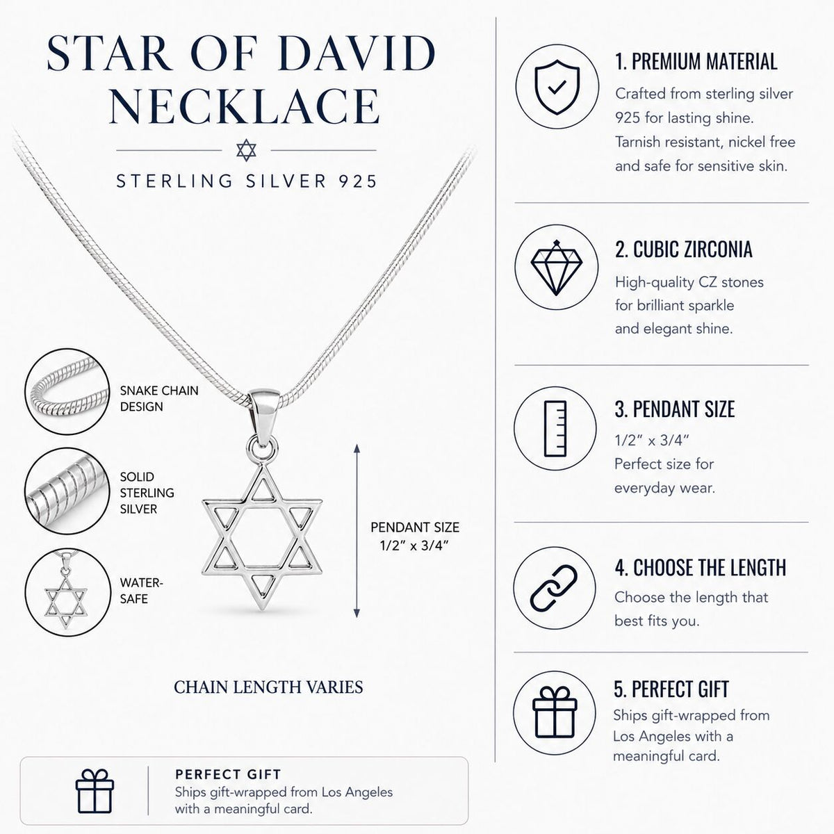 Silver Star of David charm suspended on polished snake chain necklace by Alef Bet