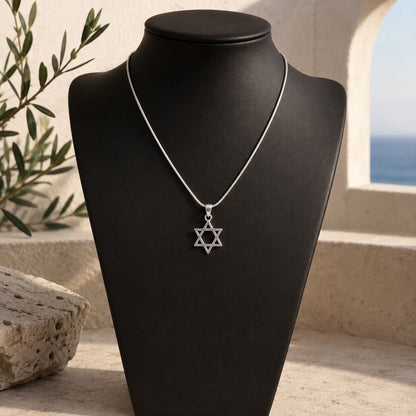 Star of David pendant in high-polish silver with serpentine chain by Alef Bet