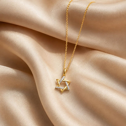 Two-tone 14k gold Star of David necklace with diamond accents, detail angle by Alef Bet