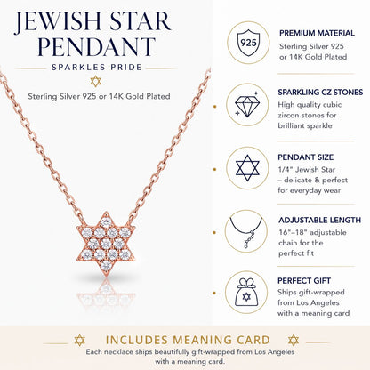Jewish Star of David Pendant in 925 Rose Gold Plated Sterling Silver with Cubic Zirconia, a sparkling symbol of pride and heritage you will love to wear every day