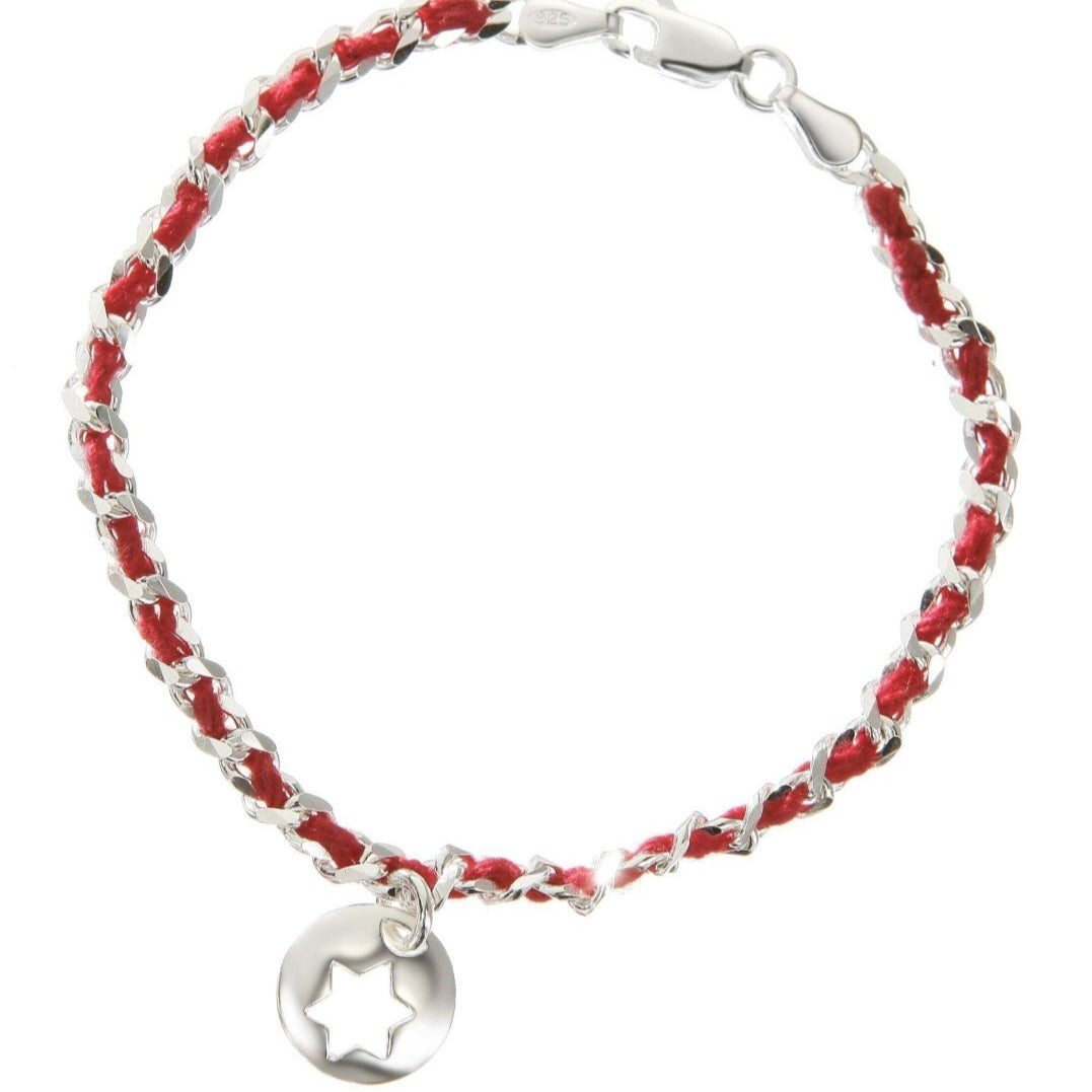 Sterling silver bracelet with a Jewish star charm on a red string, symbolizing luck and protection, great for various occasions.
