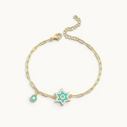 Yellow gold plated Star of David bracelet in turquoise enamel by Alef Bet