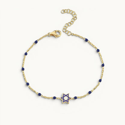 Sterling silver bracelet with yellow gold plating featuring enamel Jewish star bead by Alef Bet