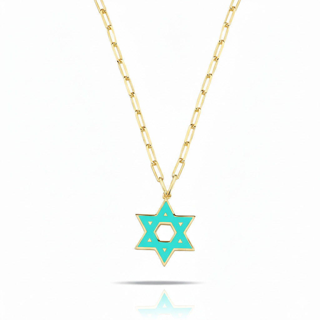 Jewish Star Yellow Gold Plated 925 Necklace on Paperclip Chain