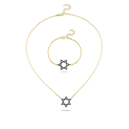 Jewish Star Yellow Gold Plated Cubic Zirconia Necklace