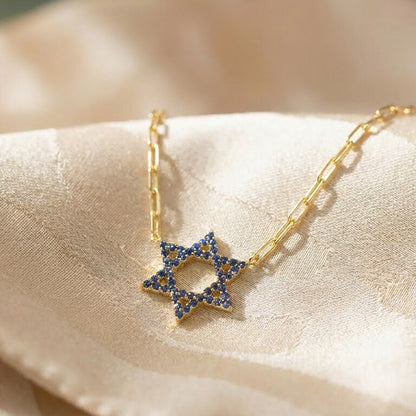 Pave cubic zirconia Jewish Star necklace in yellow gold plated finish by Alef Bet