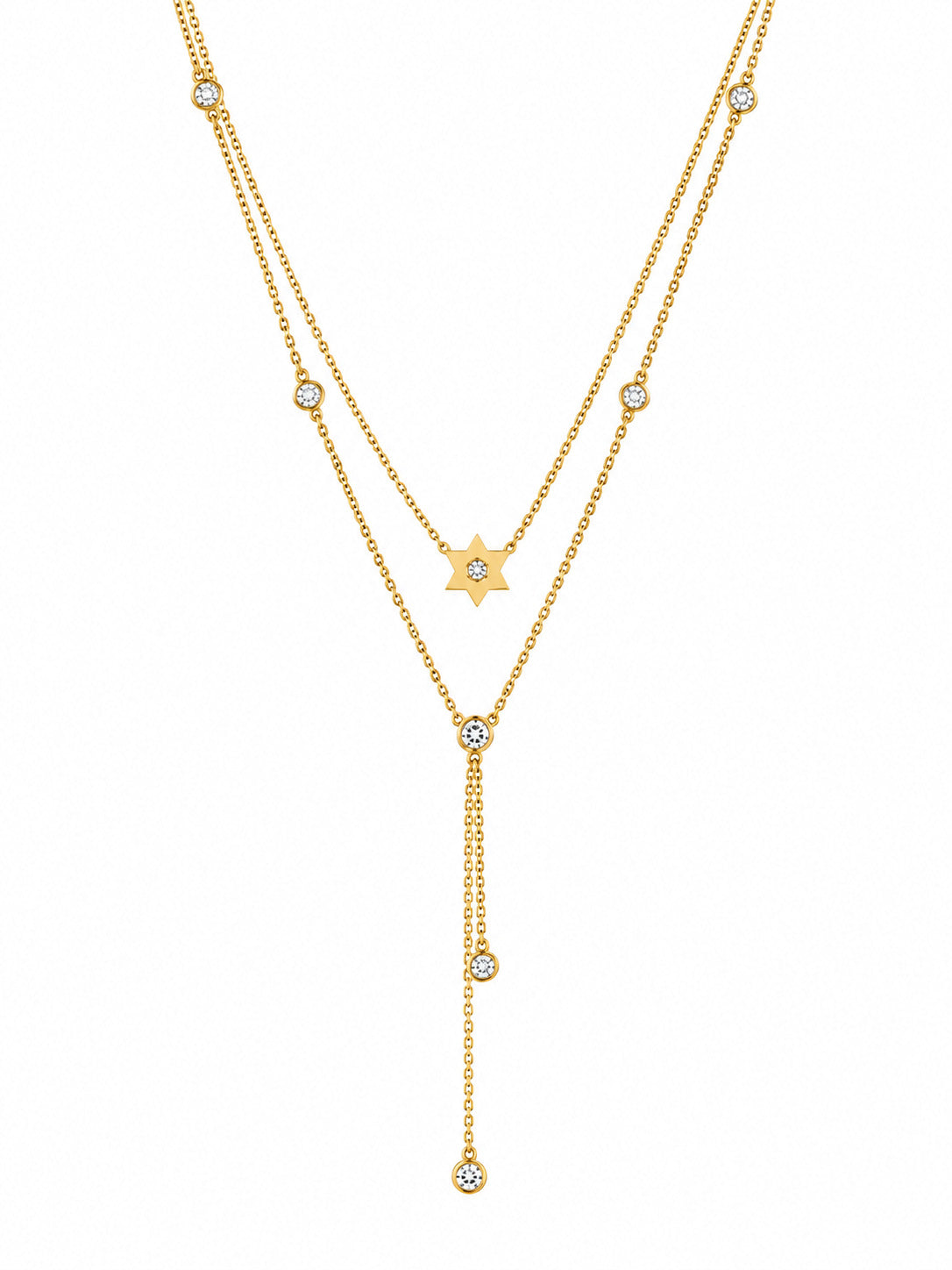 A gold double-strand Y-necklace featuring a central Star of David pendant, small round bezel-set clear stones along the chains, and three dangling chain ends, each ending in a round clear stone, shown on a plain white background.