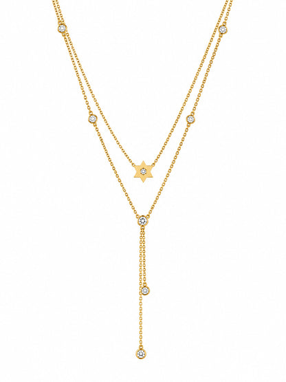 A gold double-strand Y-necklace featuring a central Star of David pendant, small round bezel-set clear stones along the chains, and three dangling chain ends, each ending in a round clear stone, shown on a plain white background.
