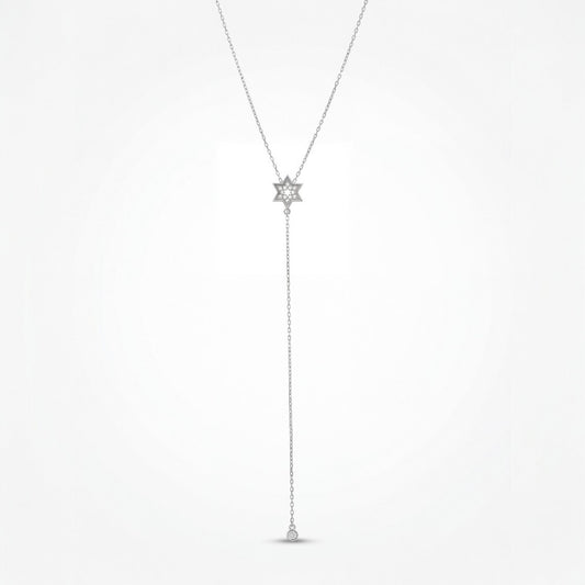 Silver lariat necklace with Jewish star pendant by Alef Bet