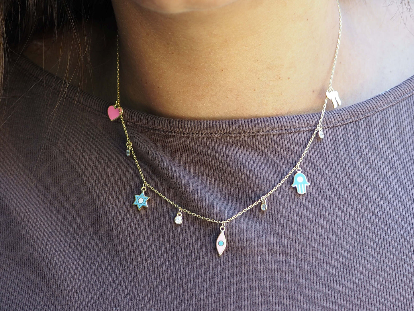 Layers of Luck Gold Charm Necklace: Hamsa, Star & Chai