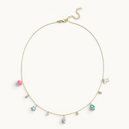 Gold layering necklace with five charms including hamsa, star, and chai symbols by Alef Bet