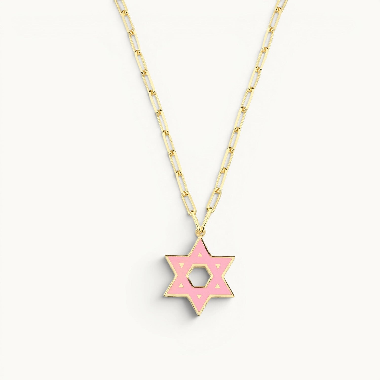 Enamel Star of David necklace in pink with yellow gold plating by Alef Bet