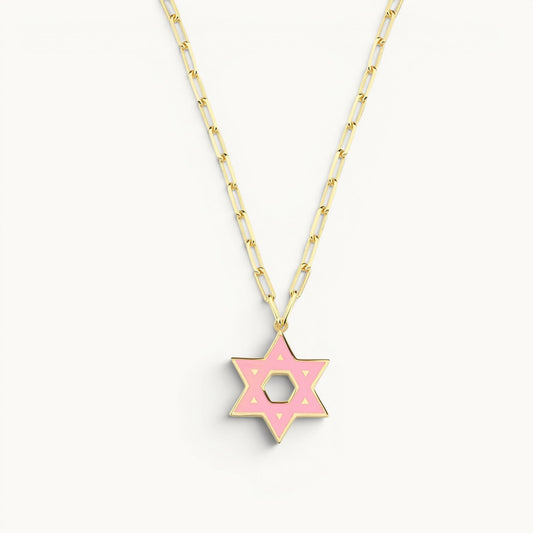 Enamel Star of David necklace in pink with yellow gold plating by Alef Bet