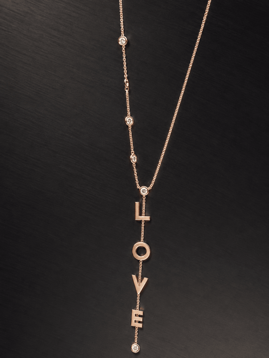 LOVE Lariat Necklace in Solid 14k Rose Gold with Natural Diamonds