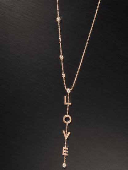 LOVE Lariat Necklace in Solid 14k Rose Gold with Natural Diamonds