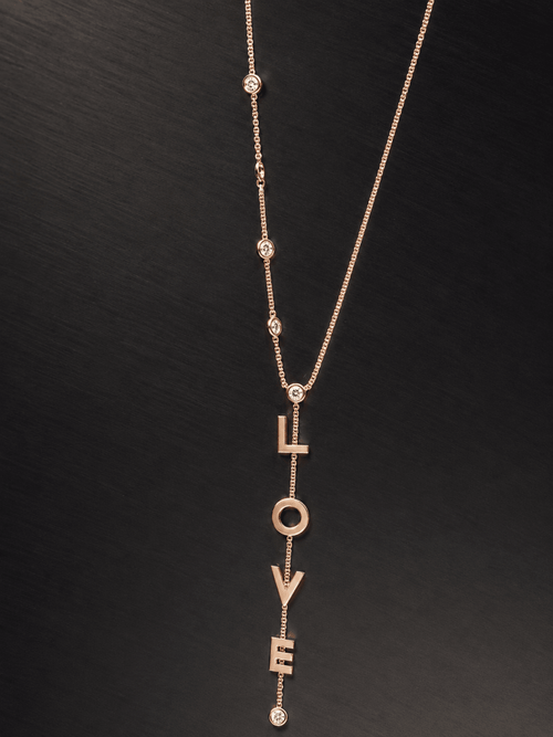 LOVE Lariat Necklace in Solid 14k Rose Gold with Natural Diamonds