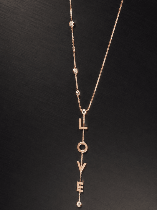LOVE Lariat Necklace in Solid 14k Rose Gold with Natural Diamonds