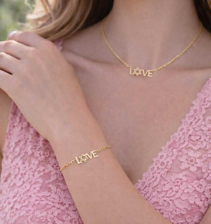 Gold love bracelet featuring jewish star charm and high-polish finish by Alef Bet