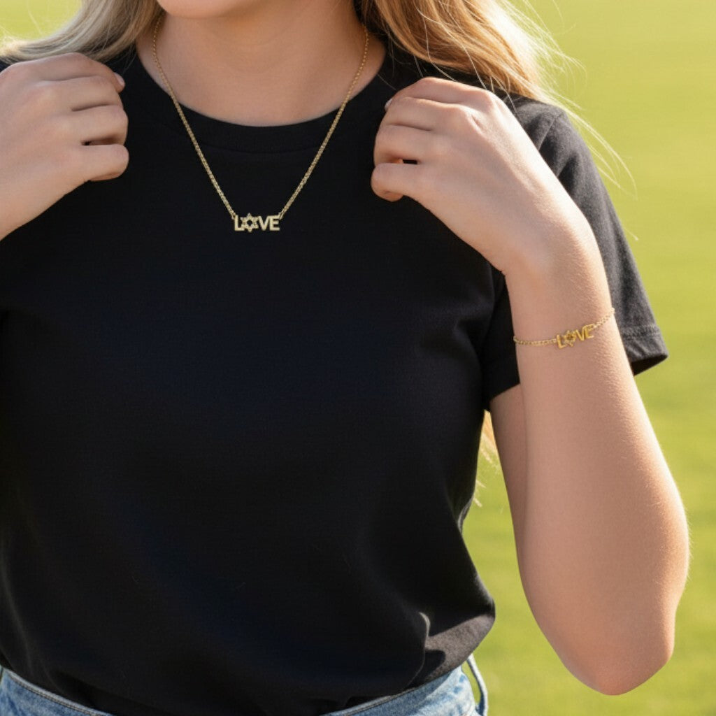 Gold star of david love bracelet with adjustable chain link by Alef Bet