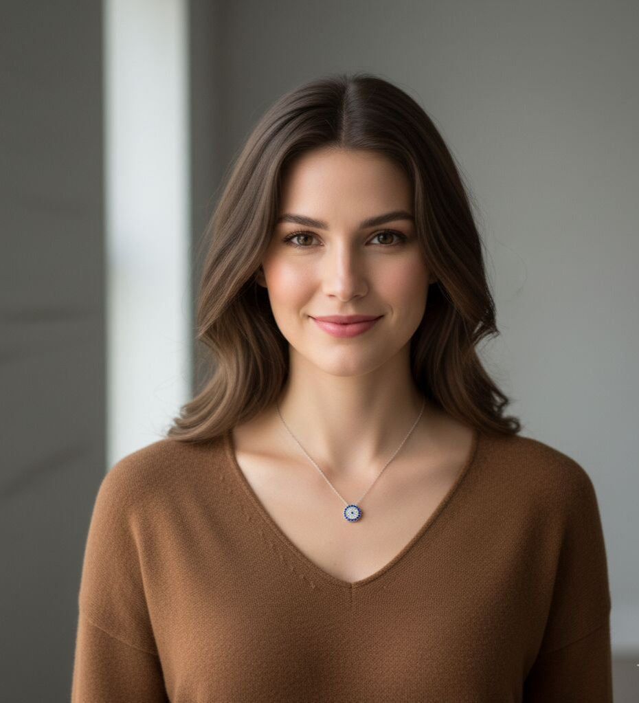 A delicate evil eye necklace designed for women, available in sterling silver or 14k gold plate, symbolizes protection and luck.