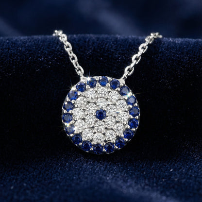 Lucky evil eye necklace in sterling silver or 14k gold plate, featuring three colored stones symbolizing light, luck, and wisdom.