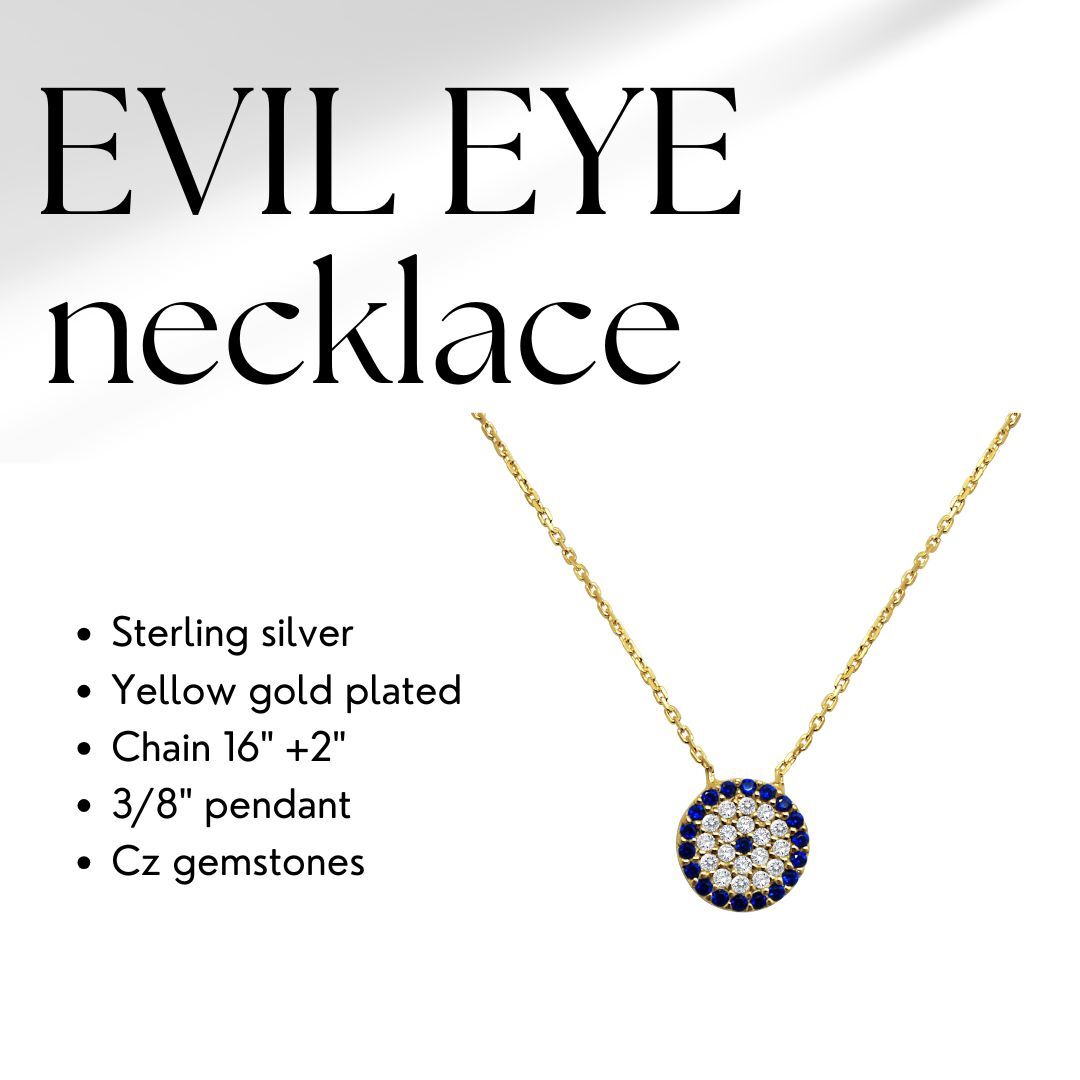 A lucky evil eye necklace designed for women in sterling silver or 14k gold, featuring protective charms and an extender chain.