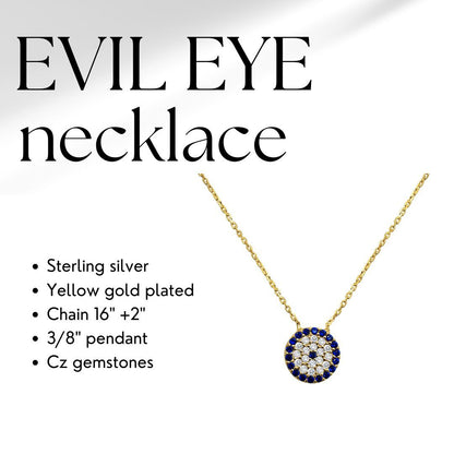A lucky evil eye necklace designed for women in sterling silver or 14k gold, featuring protective charms and an extender chain.