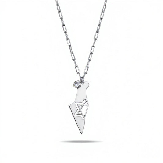 Silver map of Israel pendant with Jewish star on paperclip chain by Alef Bet