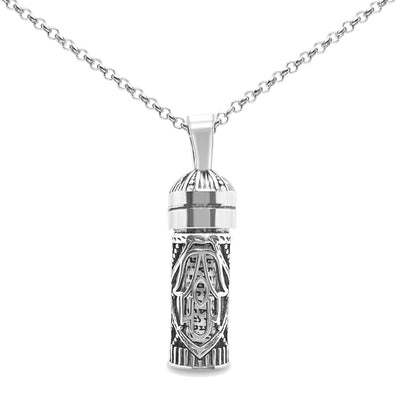 Mezuzah Hamsa Necklace Sterling Silver 925 with Hebrew Prayer Scroll, two symbols of protection worn as one