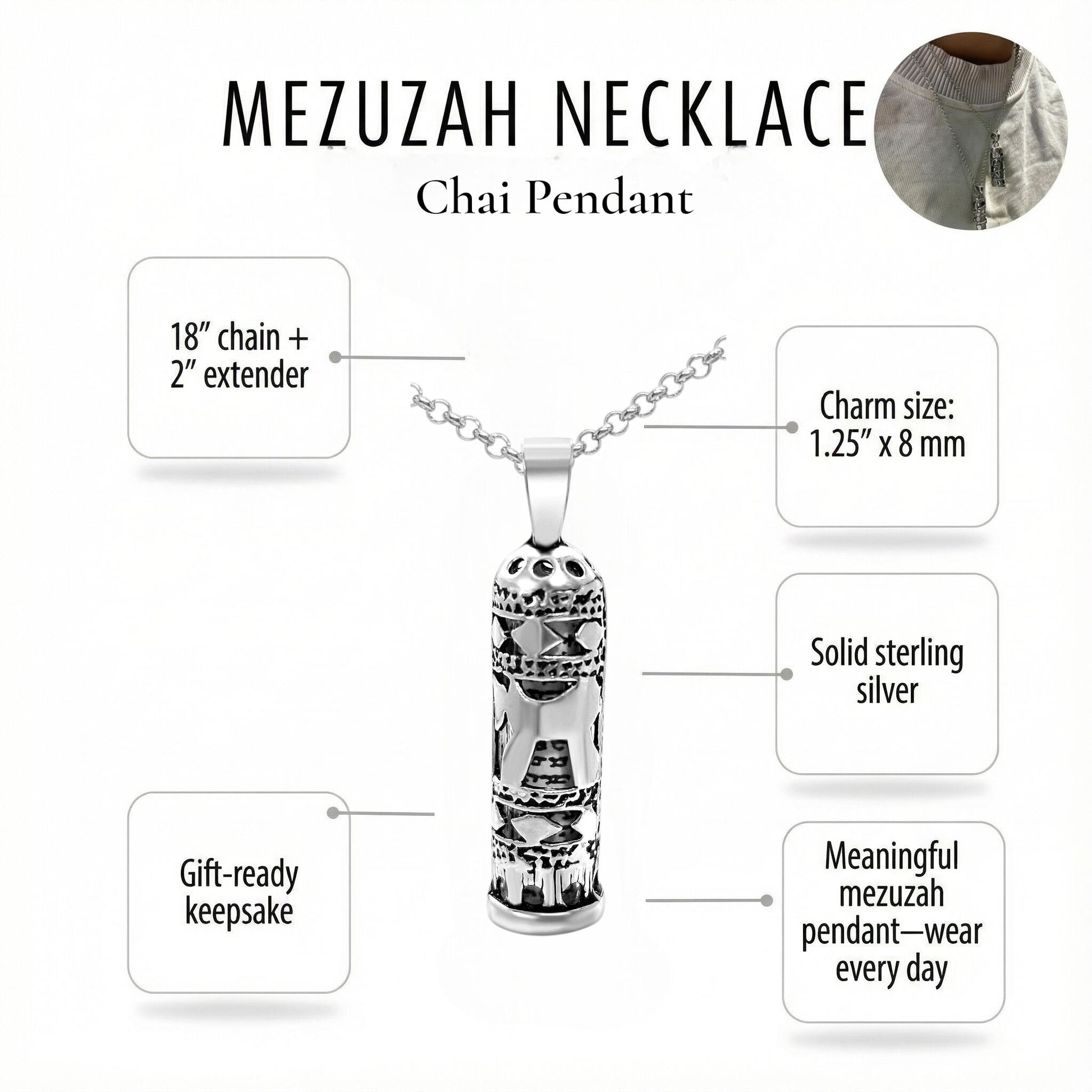 Mezuzah necklace with detailed specifications on a white background