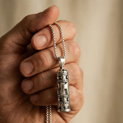 Sterling silver mezuzah chai necklace side angle view by Alef Bet