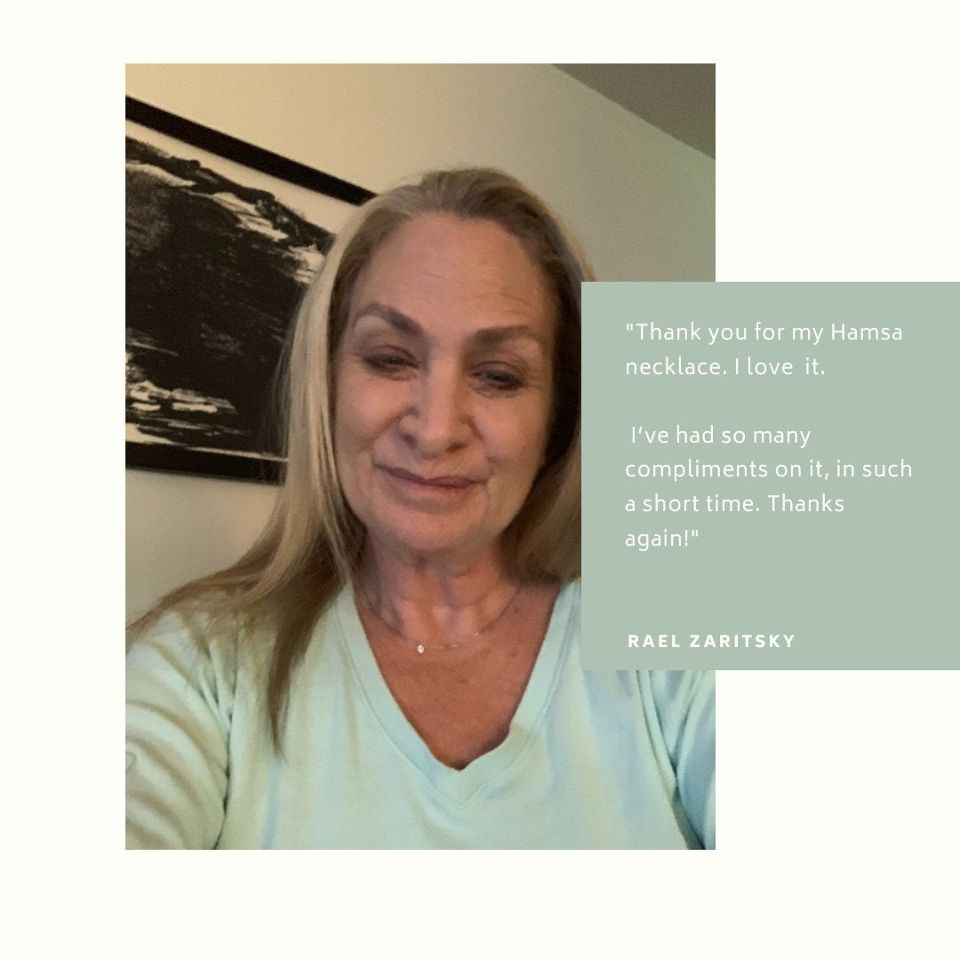 Woman wearing a Hamsa necklace with a quote from Rael Zaritsky on a light green background