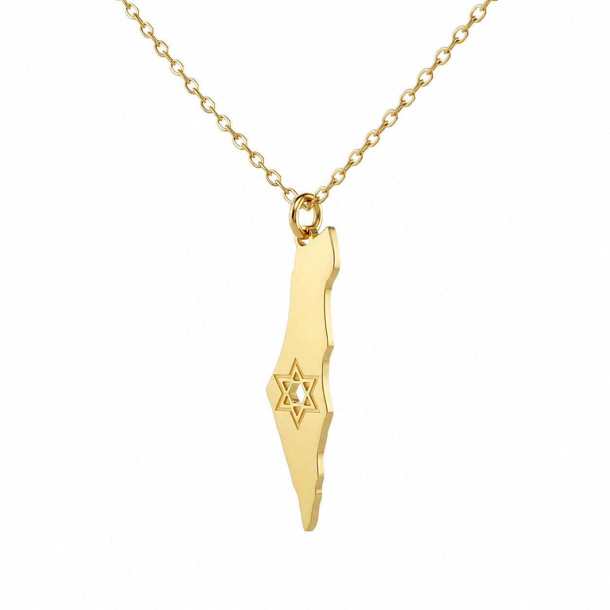 Mini outline Israel map necklace in yellow gold with Star of David charm by Alef Bet