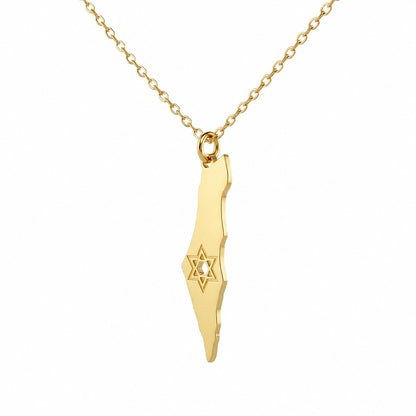Mini outline Israel map necklace in yellow gold with Star of David charm by Alef Bet