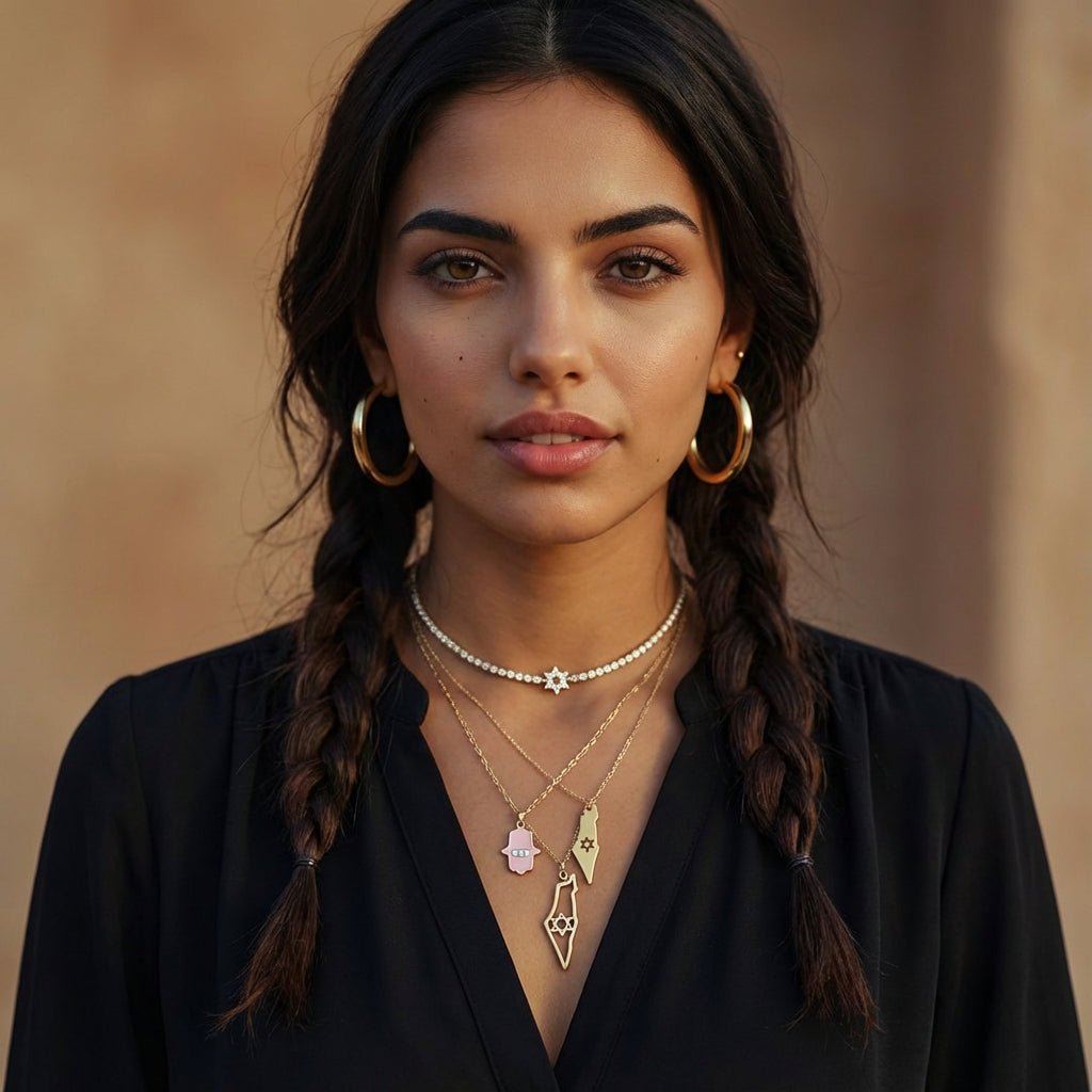 Mini Outline Israel Map Necklace | Gold Star of David Charm