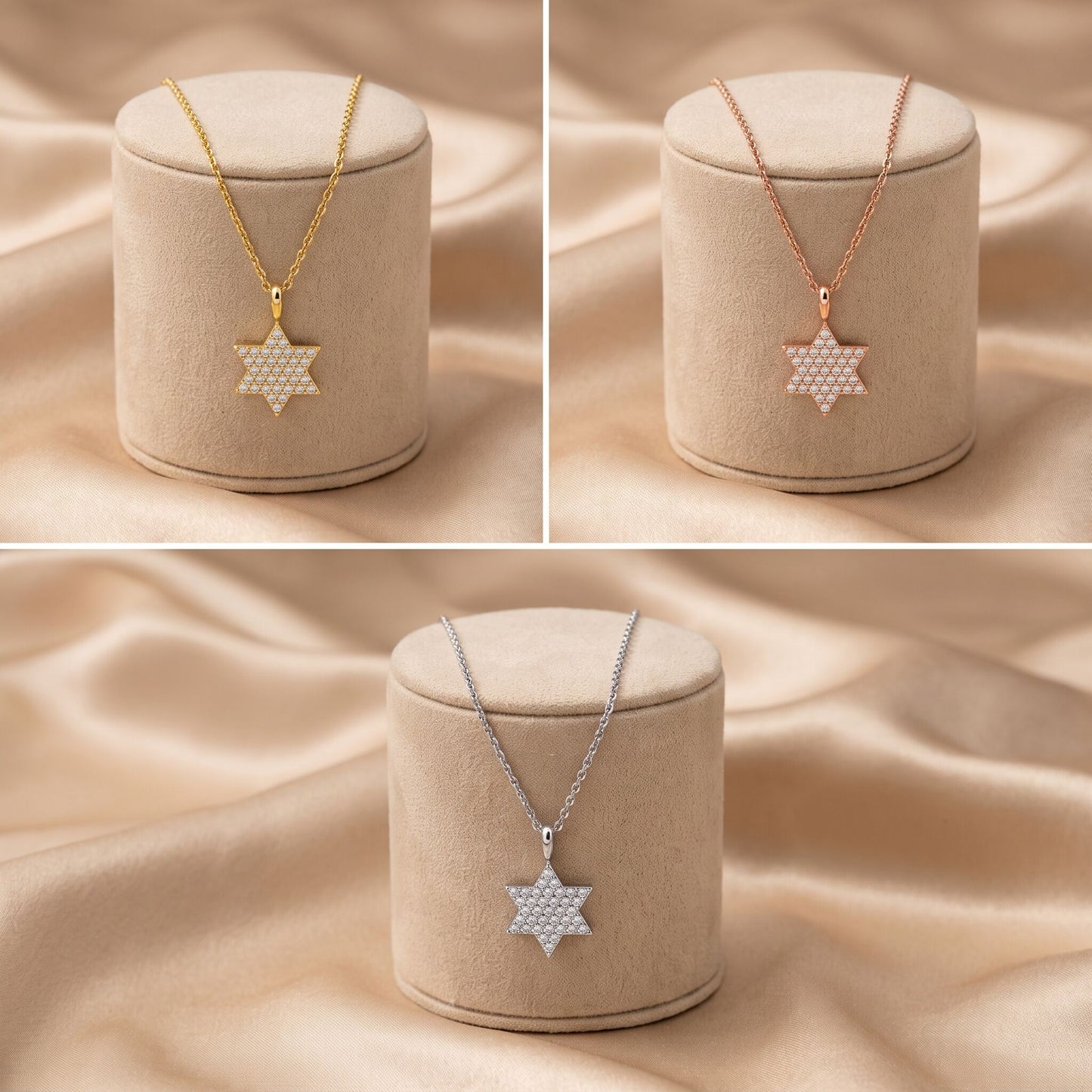 Modern Star of David necklace in white gold with satin finish and diamond details by Alef Bet