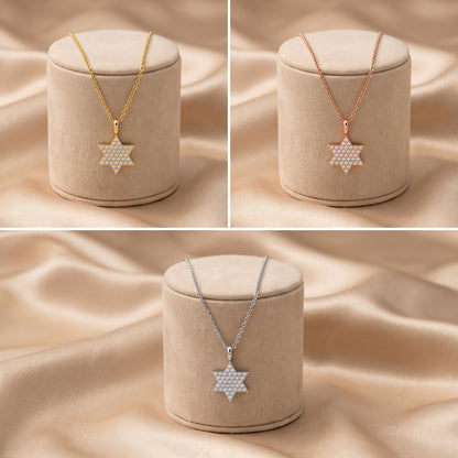 Modern Star of David necklace in white gold with satin finish and diamond details by Alef Bet