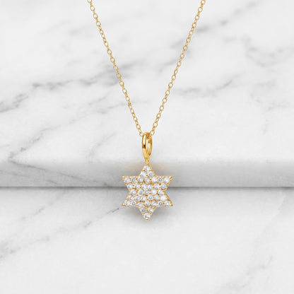 Diamond Star of David necklace in 14k gold with contemporary geometric design by Alef Bet
