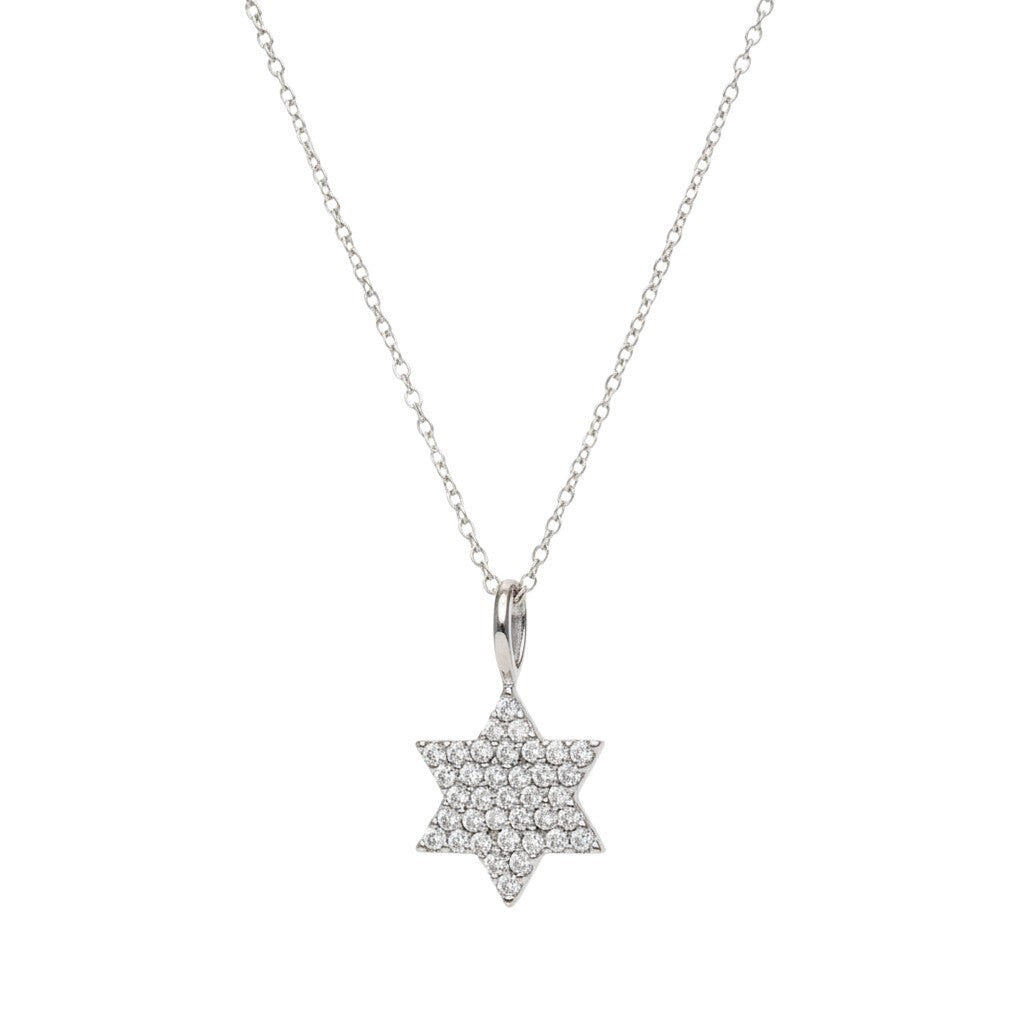 Diamond Star of David necklace in 14k white gold with pave-set diamonds by Alef Bet