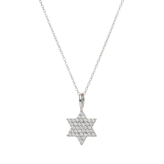 Diamond Star of David necklace in 14k white gold with pave-set diamonds by Alef Bet